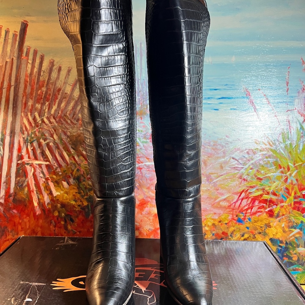 Freebird Black Over the Knee Boots Sleek Design Croco
